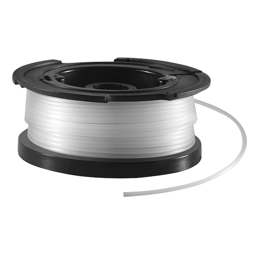 BLACKDECKER replacement line spool A6481 for string trimmer, white line, side angle, on white background.