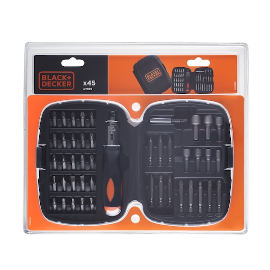 BLACK+DECKER A7039 screwdriver and bit set, 45 pieces, in a black plastic case, front angle on white background.