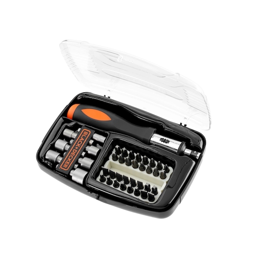 A BLACK+DECKER branded screwdriver and bit set in a black plastic case with a transparent lid. The set includes a screwdriver handle, various bits and sockets organized in compartments.