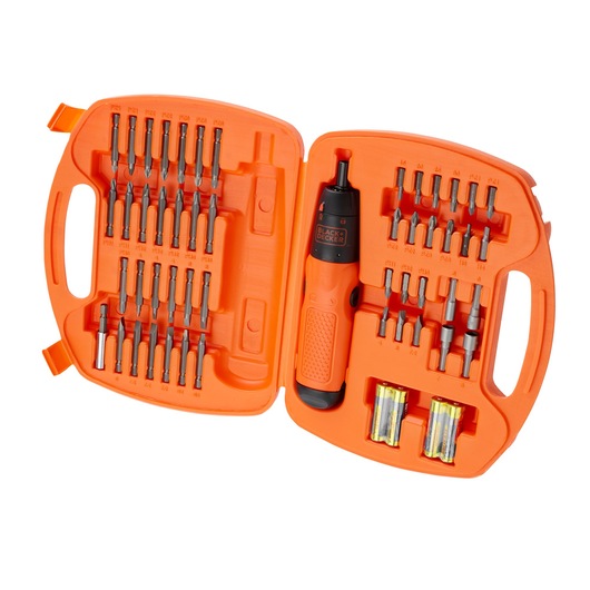 An orange BLACK+DECKER toolkit case opened to show a compact electric screwdriver and a variety of screwdriver bits and batteries arranged neatly inside.