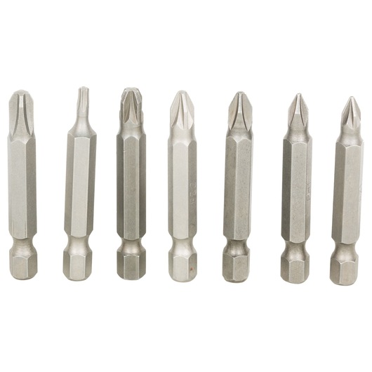 A set of seven metallic screwdriver bits with various tip shapes, arranged in a row on a white background.