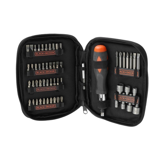 A BLACK+DECKER screwdriver and bit set in a black zippered case. The case contains a variety of screwdriver bits, a handle with an orange and black grip, several sockets, and bit holders, all organized in slots.