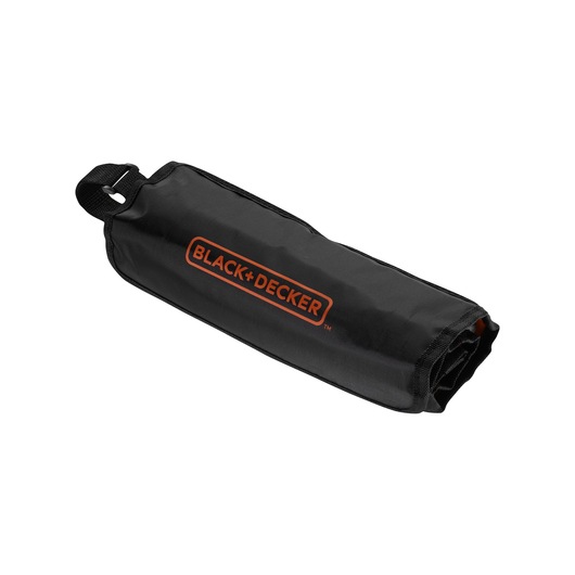 BLACK+DECKER A7144 black tool roll with orange logo, side angle, photography on white background.