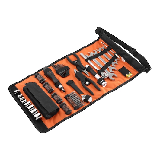 BLACKDECKER A7144 tool set with wrenches, pliers, screwdriver and bits in orange roll-up pouch, angled view.