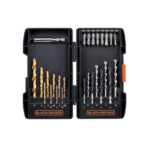 BLACK+DECKER drill and screwdriver bit set in an open black plastic case. The case contains various sizes of drill bits and screwdriver bits, neatly organized in two compartments. The BLACK+DECKER logo is visible inside both compartments.