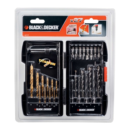 Photo of BLACK+DECKER A7177 27-piece drill and screwdriver bit set, titanium and metal bits, in clear plastic case, front angle.