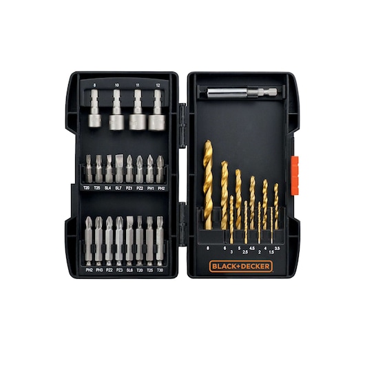 A BLACK+DECKER drill and screwdriver bit set in a black plastic case, containing various sizes of drill bits and screwdriver bits organized in compartments. The case is open, showing each tool clearly.