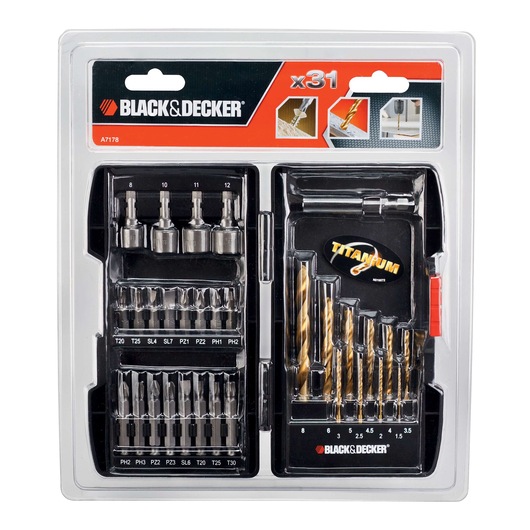 BLACK+DECKER A7178 drill and screwdriver bit set, 31-piece, titanium-coated, front packaging view.