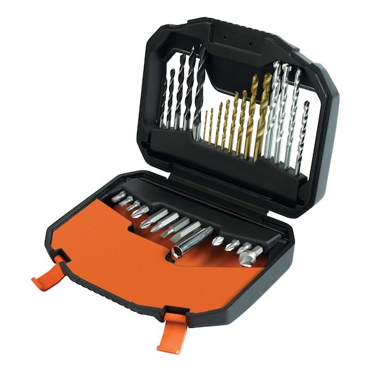 BLACKDECKER A7183 drill and screwdriver bit set in black and orange case, photo from angled view.
