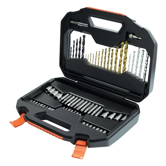 BLACKDECKER A7184 drill and screwdriver bit set in black case, open to show assorted bits and sockets.