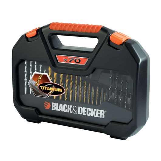 BLACK+DECKER A7184 70-piece titanium drill bit set in black and orange hard case, front angle on white background.
