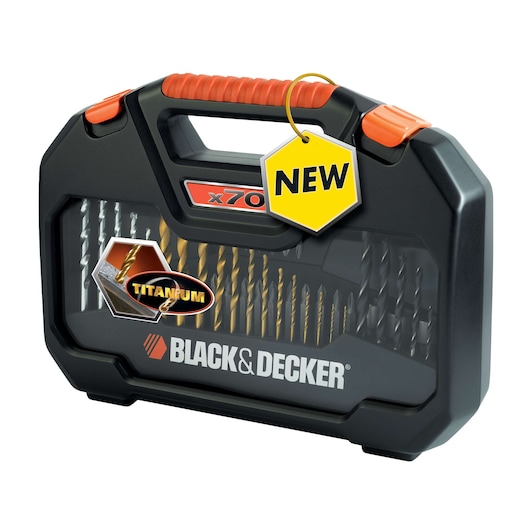 BLACK+DECKER A7184 drill bit set in black case with orange handle, 70 pieces, titanium bits, front angle on white.