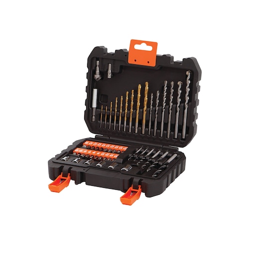 A BLACK+DECKER drill and screwdriver bit set in a black hard case with orange clasps, containing multiple drill bits and screwdriver heads organized neatly.