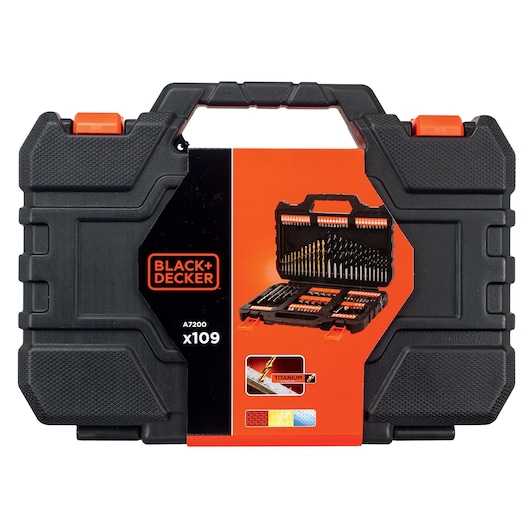 BLACK+DECKER A7200 drill and bit set in a black hard case, front angle, with 109 pieces shown on label.