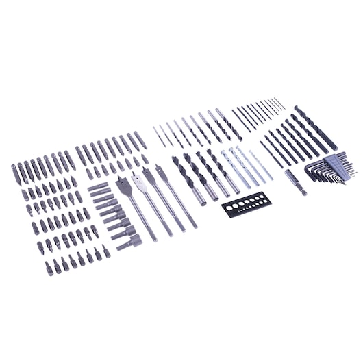 BLACKDECKER A7211 drill and bit set, assorted pieces, overhead angle, white background.