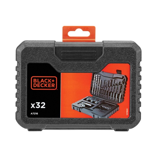 BLACK+DECKER 32-piece drill and screwdriver accessory set in a black hard plastic carrying case, model A7216. The closed case is shown with a label featuring an image of the opened case containing various drill bits and accessories.