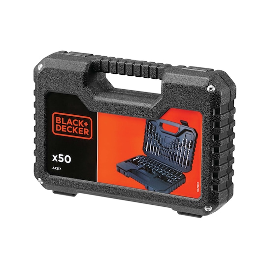 BLACK+DECKER A7217 50-piece drill and screwdriver bit set in a sturdy black plastic case with a handle. The case features an image and branding on the front.