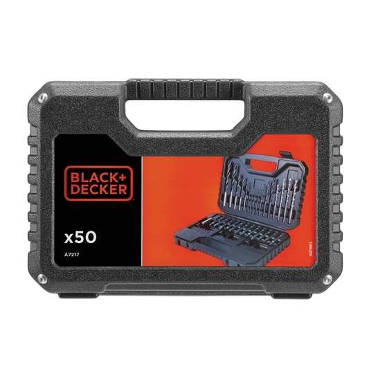 Black+Decker hard plastic carrying case for photography tools, model A7217, featuring a set of 50 pieces including drill bits, displayed on the front label with a photo showing the open case and its organized contents.