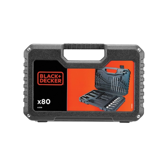 A BLACK+DECKER branded black plastic carrying case for an 80-piece drill and bit set, with an image on the front showing the opened case and assorted drill bits and accessories inside.