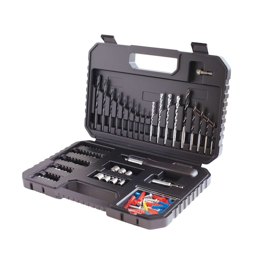 A BLACK+DECKER drill and bit set in a black hard plastic case. The case is open, showing assorted drill bits, screwdriver bits, sockets, a screwdriver handle, and various wall plugs organized in compartments.