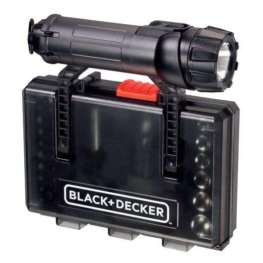 A BLACK+DECKER branded plastic case with a black flashlight attached on top. The case features a transparent section and a red opening latch.