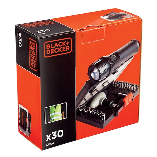 Photo of BLACK+DECKER A7224 tool set box with 30-piece accessory kit and flashlight, angled view.