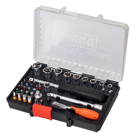 A BLACK+DECKER tool set in a plastic case, containing various screwdriver bits, sockets, a ratchet handle, and an orange-handled screwdriver. The lid of the case is transparent, displaying the BLACK+DECKER logo.
