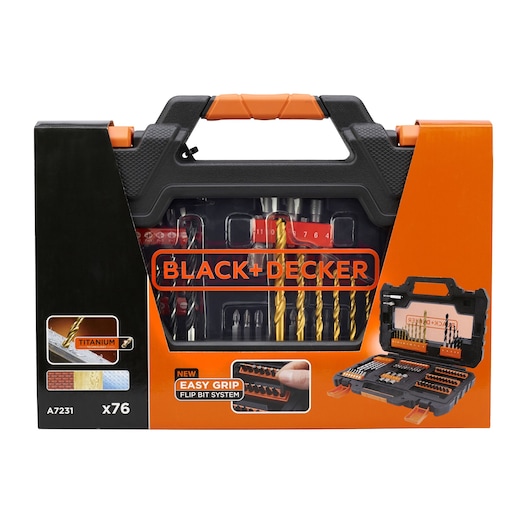 BLACK+DECKER BDCDD186KB drill bit set in black and orange hard case, 76-piece titanium set, front angle on white background.