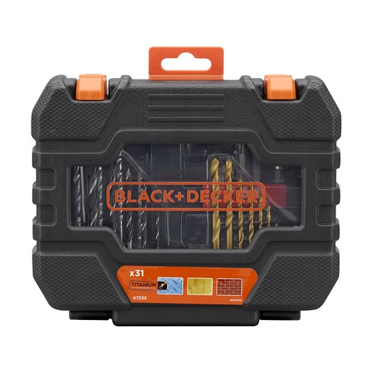 BLACK+DECKER A7233 31-piece drill bit set in black hard plastic case, front angle, with visible orange latches.