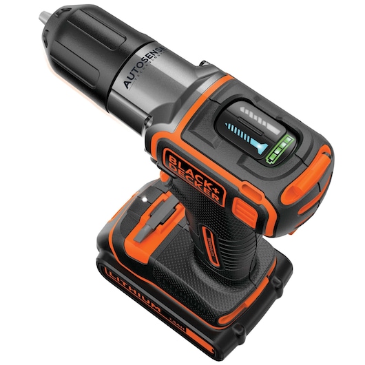 A BLACK+DECKER cordless power drill with 'AUTOSENSE Technology', featuring a black and orange design, a visible battery indicator, and a lithium-ion battery pack.