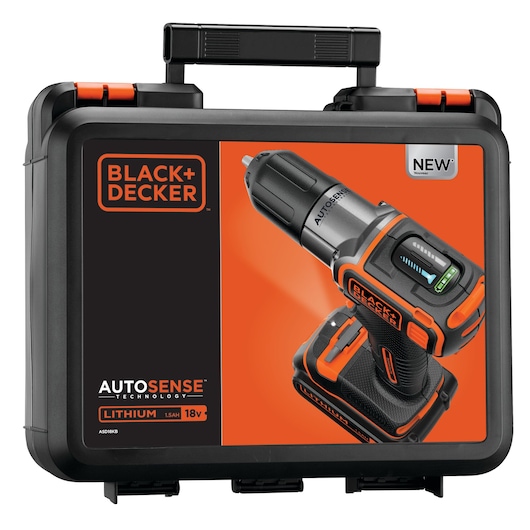 Photo of BLACK+DECKER ASD18KB cordless drill kit in black and orange carrying case, front angle.
