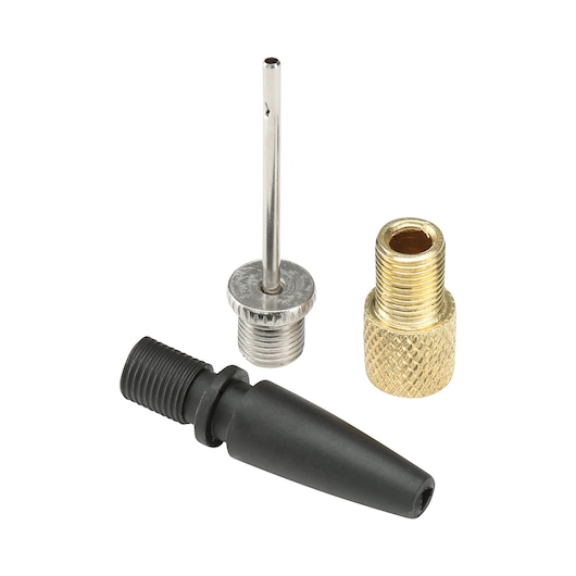 BLACKDECKER ASI400 inflation accessory set, angled view, includes metal needle, brass adapter, and black nozzle.