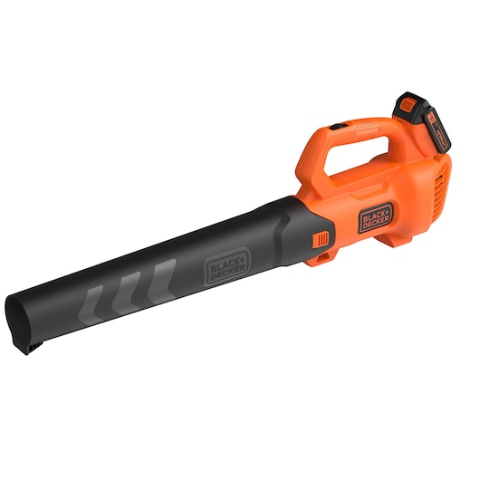 A BLACK+DECKER cordless leaf blower with an orange and black design, showing the handle, battery pack, and long nozzle tube.
