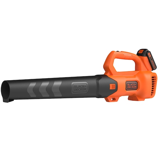 A BLACK+DECKER cordless leaf blower with an orange and black design, featuring a handle and battery pack on the rear.
