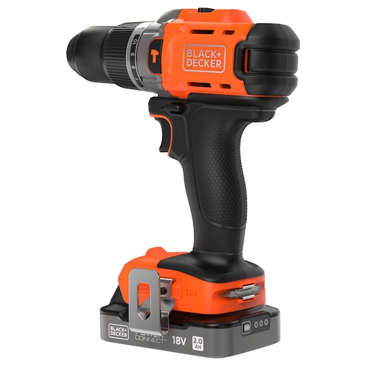 BLACK+DECKER BCD383D1XC cordless drill, 18V with 2.0Ah battery, orange and black design, side view.