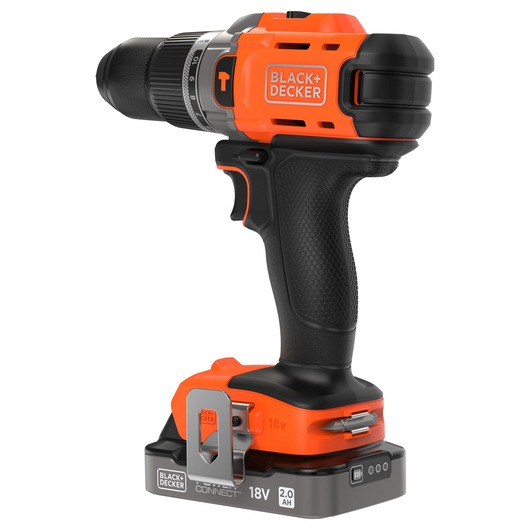 BLACK+DECKER cordless power drill with orange and black body and 18V battery.