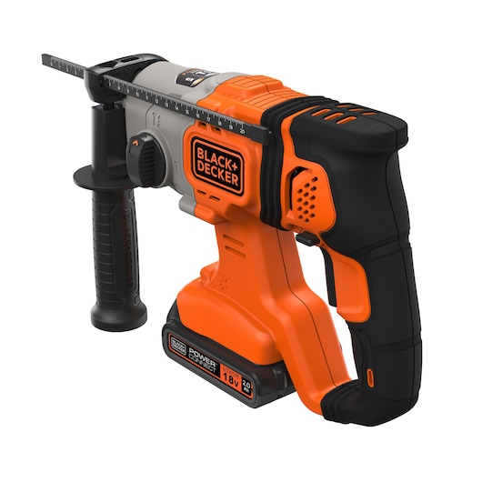 A BLACK+DECKER 18V cordless rotary hammer drill with an ergonomic black and orange design, a side handle for control, and a depth gauge for precision drilling.