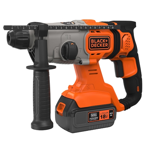 A BLACK+DECKER cordless rotary hammer drill with an 18V lithium battery, featuring orange and black colors, a side handle, and a depth gauge, designed for heavy duty drilling tasks.
