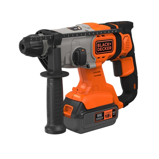 BLACK+DECKER cordless rotary hammer drill, orange and black in color, with an 18V lithium battery attached, ergonomic handle, and adjustable side grip.
