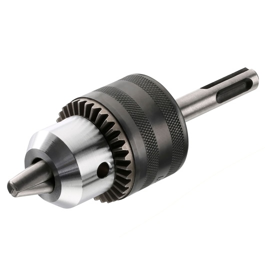A close-up image of a metal drill chuck adapter with gear teeth and a cylindrical shaft, photographed on a white background.