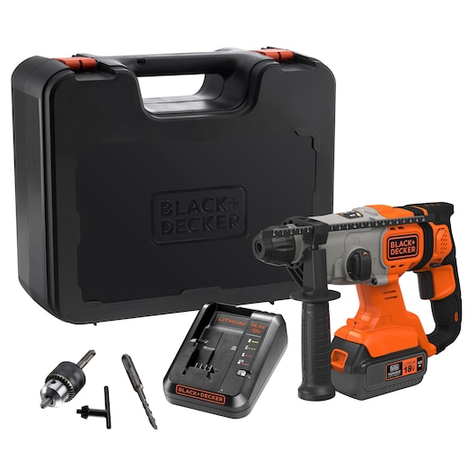 BLACK+DECKER BCD900M1K cordless hammer drill set, with orange and black drill, charger, bits, and black carrying case, front angle.