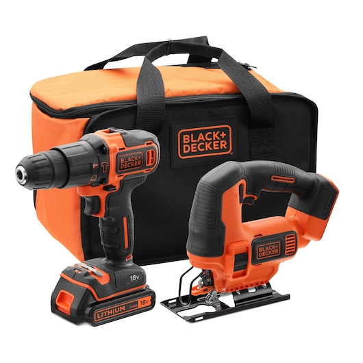 A BLACK+DECKER tool set including an 18V cordless drill, an 18V cordless jigsaw, and an orange and black carrying bag.