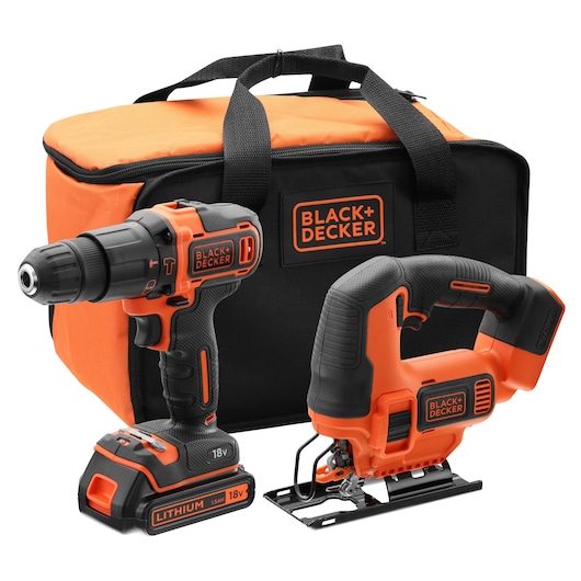 BLACK+DECKER BCK22S1S cordless drill and jigsaw set with orange-black tool bag, front angle on white background.