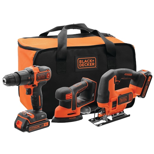 A BLACK+DECKER tool set including an orange and black carrying bag, a cordless drill, a sander, and a jigsaw, all with lithium batteries.