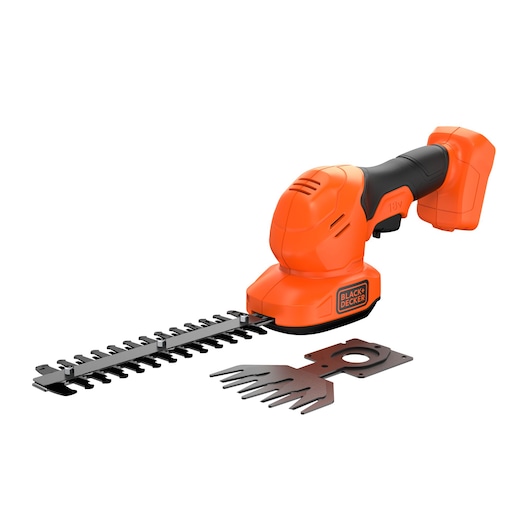 BLACK+DECKER BCSS18B orange cordless grass shear and shrub trimmer with two blades, side angle on white background.