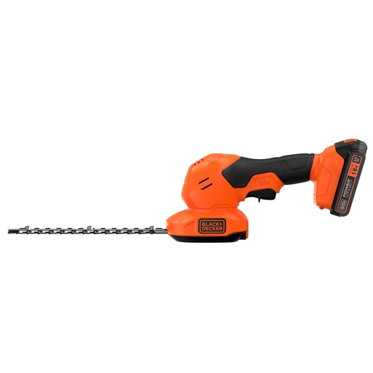 An orange and black cordless 18V handheld hedge trimmer from BLACK+DECKER, model BCSS18D1, shown on a white background.