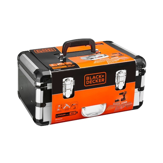 BLACK+DECKER tool case with orange label, metal latches, and black handle, SKU BDC718AS2F, front angle.