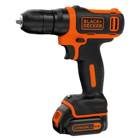 A BLACK+DECKER cordless drill with a 10.8V lithium battery, shown from the side. The drill is primarily black with orange accents and features ergonomic grip design.