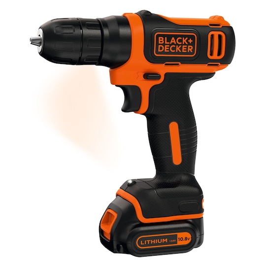 BLACK+DECKER BDCD12 cordless drill, black and orange, side angle, lithium 10.8v battery visible.