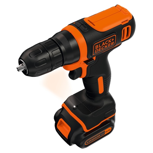 BLACKDECKER BDCD12 cordless drill, black and orange, front angle on white background.